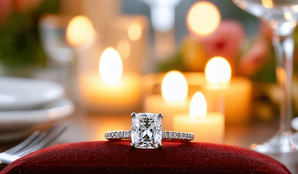 A diamond engagement ring on a red velvet box, with blurred lit candles and glassware in the background.