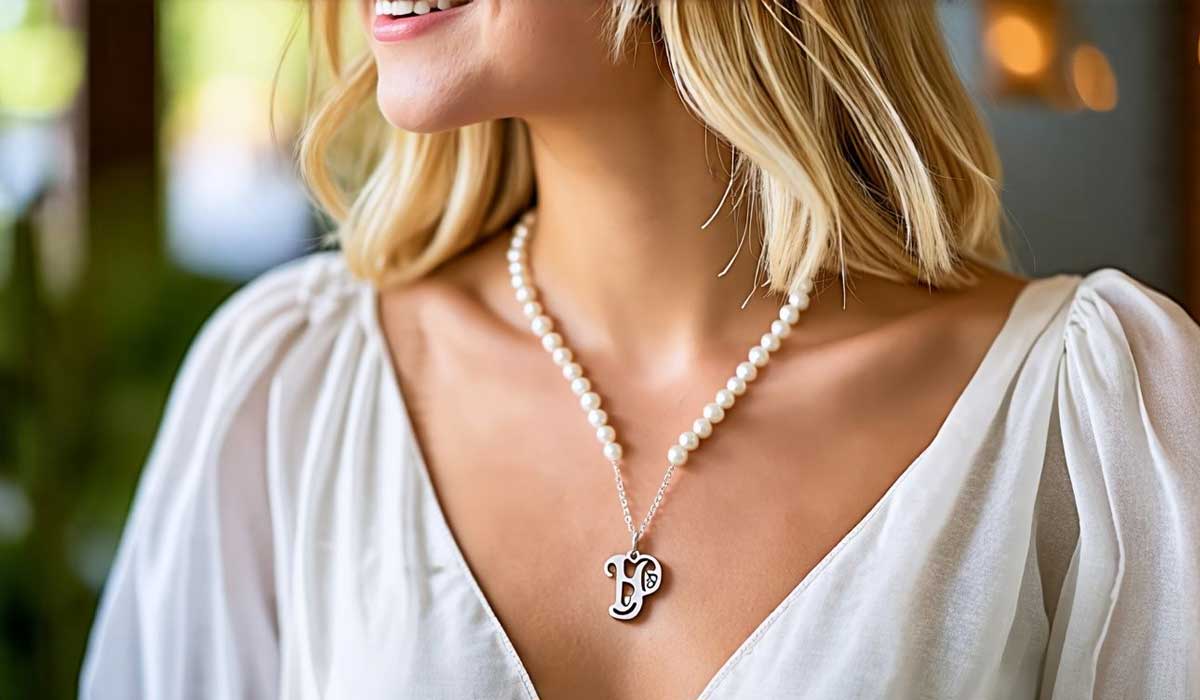 Woman in a white blouse wearing a pearl necklace with a large silver “J” pendant, smiling slightly.