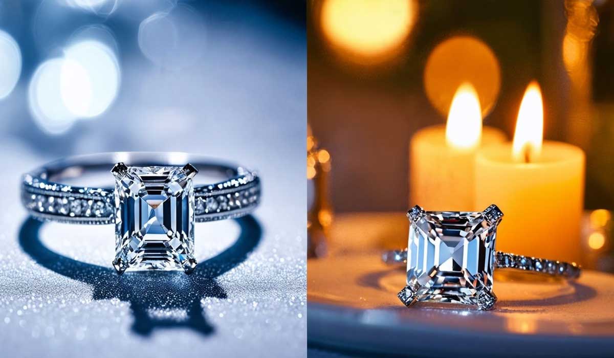Split image showing a diamond engagement ring with a square cut stone on a sparkling surface and beside lit candles.