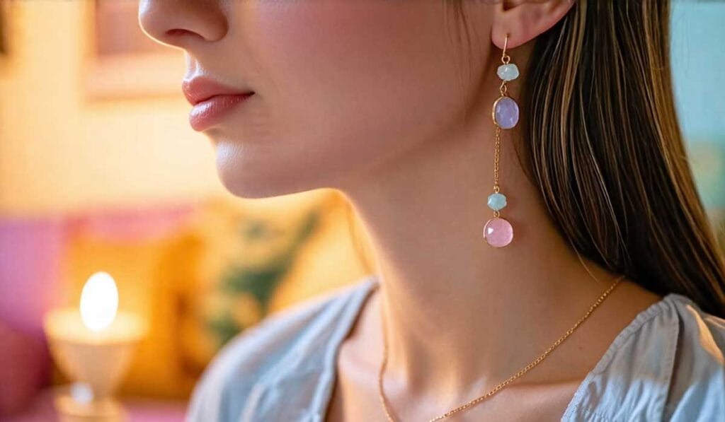 A woman wearing a dangling earring with pastel stones and a delicate gold necklace, shown in soft indoor lighting.