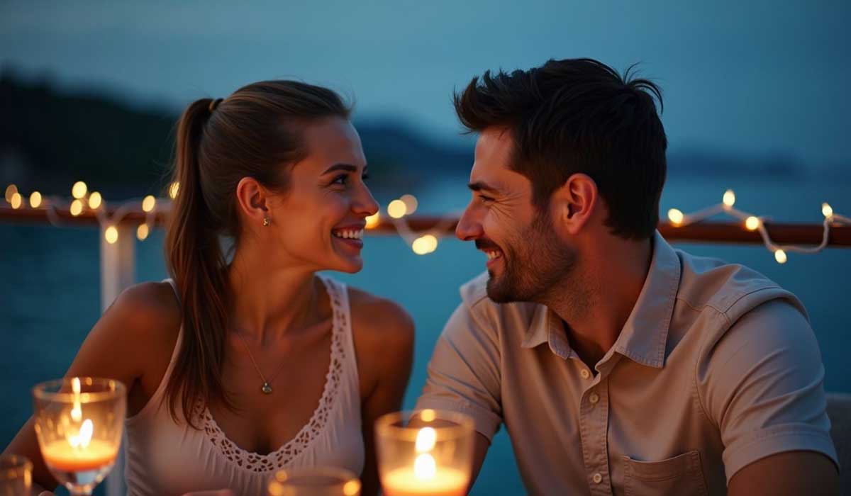 A couple sits at a table with candles and string lights, smiling at each other during an evening outdoor dinner by the water.