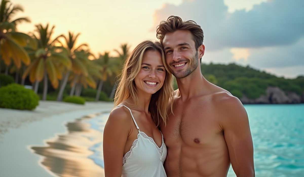 A smiling couple stands close together on a sandy beach, palm trees and calm blue water in the background at sunset.