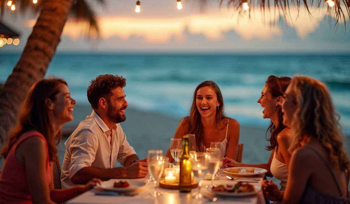 Five people sit at a candlelit table on the beach at sunset, sharing food and laughing under string lights, with the ocean and palm trees in the background.
