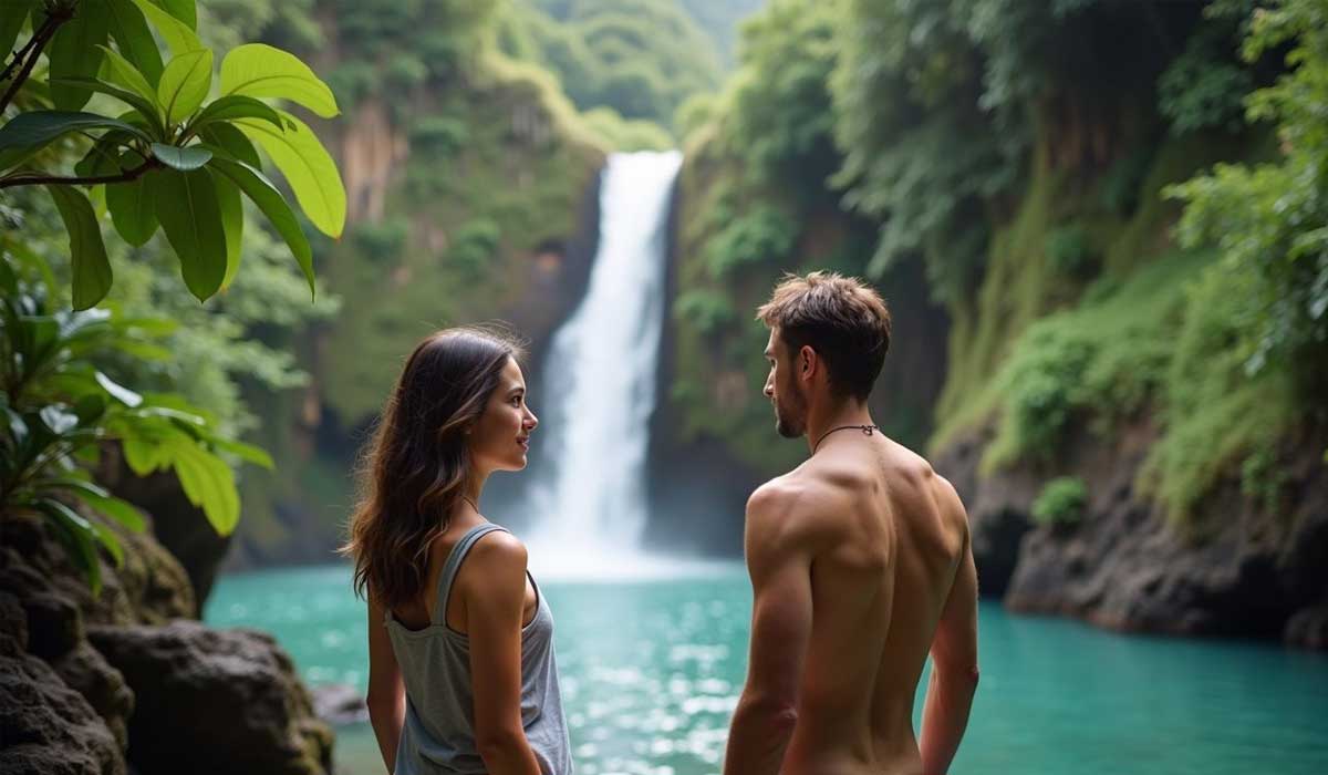 Two people stand by a turquoise pool, facing each other, with a tall waterfall and lush greenery in the background.