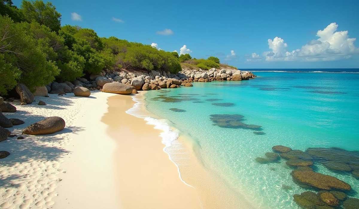 Sandy beach with clear turquoise water, large rocks along the shoreline, green bushes, and a partly cloudy sky.