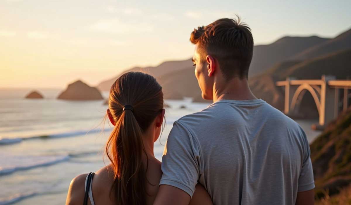 A couple stands arm-in-arm overlooking the ocean at sunset, with a bridge and mountains visible in the background.