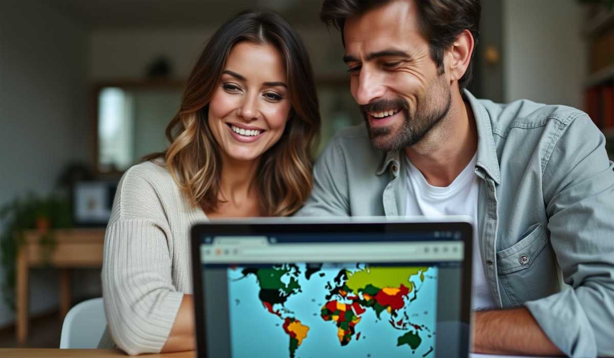 A woman and a man smile while looking at a laptop displaying a color-coded world map in a home setting.