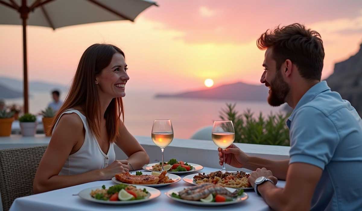 A man and woman sit at an outdoor table with wine and food, smiling at each other during sunset by the sea.