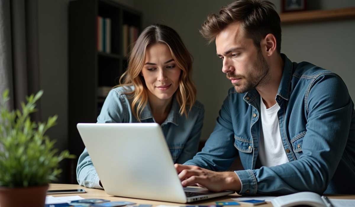 Two people sit at a table, both looking at a laptop screen. Papers and a plant are on the table. They appear to be working or studying together.