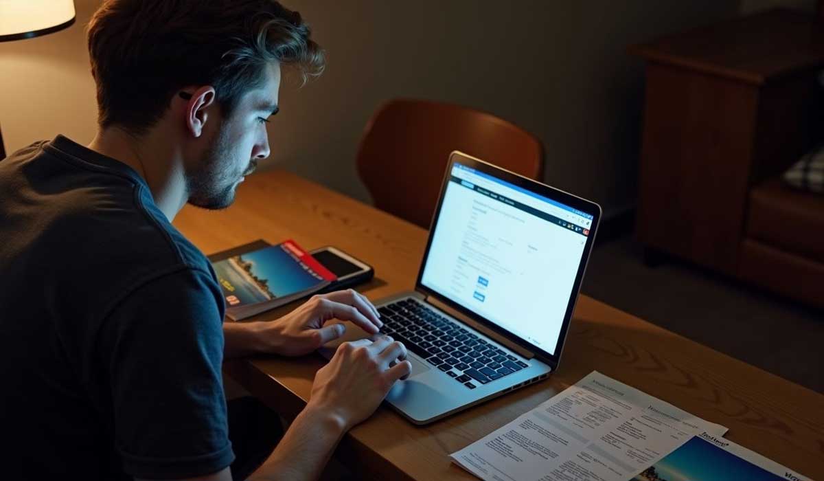 A person sits at a desk using a laptop, surrounded by papers, a book, and a smartphone, with a lamp providing light.