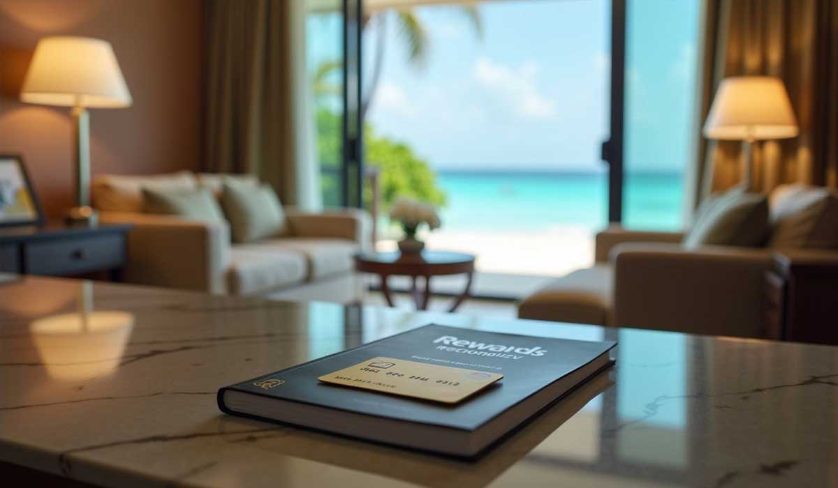 A rewards credit card rests on a booklet atop a marble table in a modern living room with a beach view through large windows.