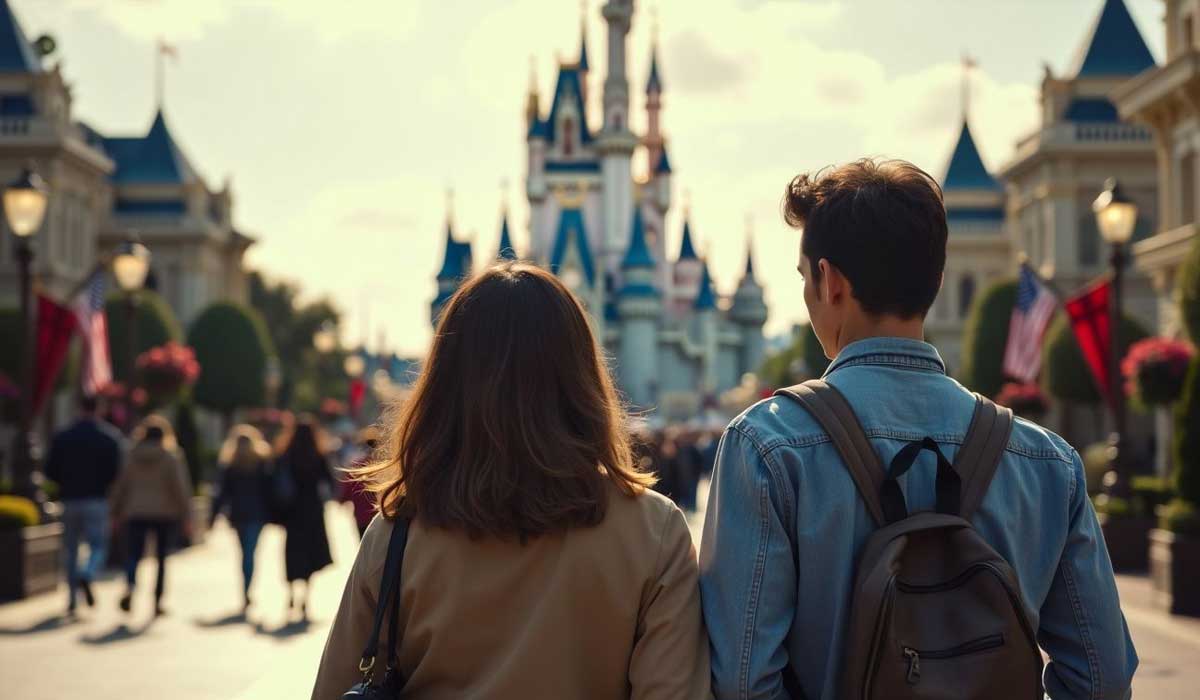 Two people with backpacks walk toward a castle at a busy theme park, surrounded by other visitors and decorative buildings under a sunny sky.