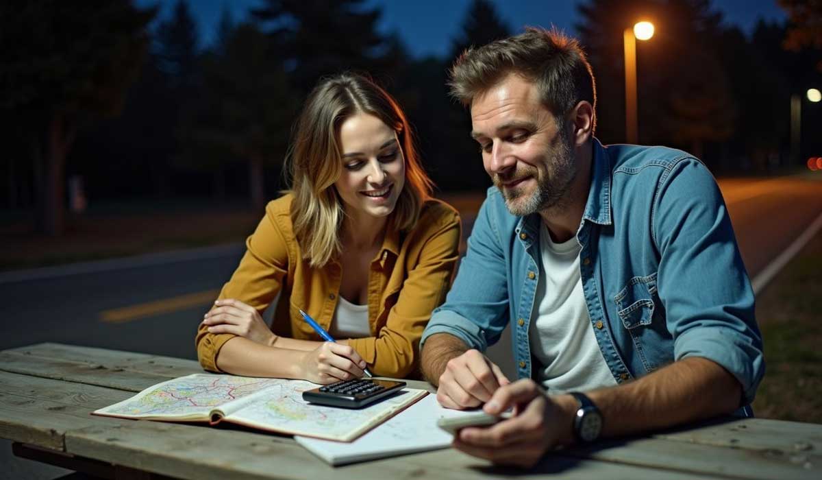 Two people sit at an outdoor table at dusk, looking at papers and a map. One holds a pen and calculator, while the other shows something on a phone. A street lamp and trees are in the background.