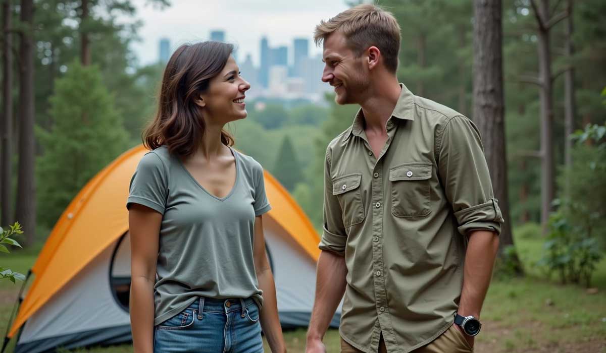Two people stand and smile at each other near an orange tent in a forest, with a city skyline visible in the background.