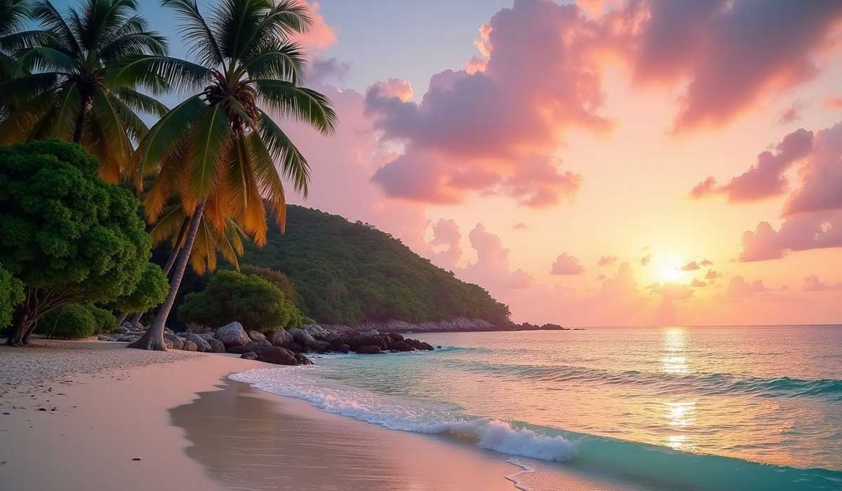 Tropical beach with palm trees, gentle waves, and a colorful sunset sky; a hill covered in greenery rises in the background.