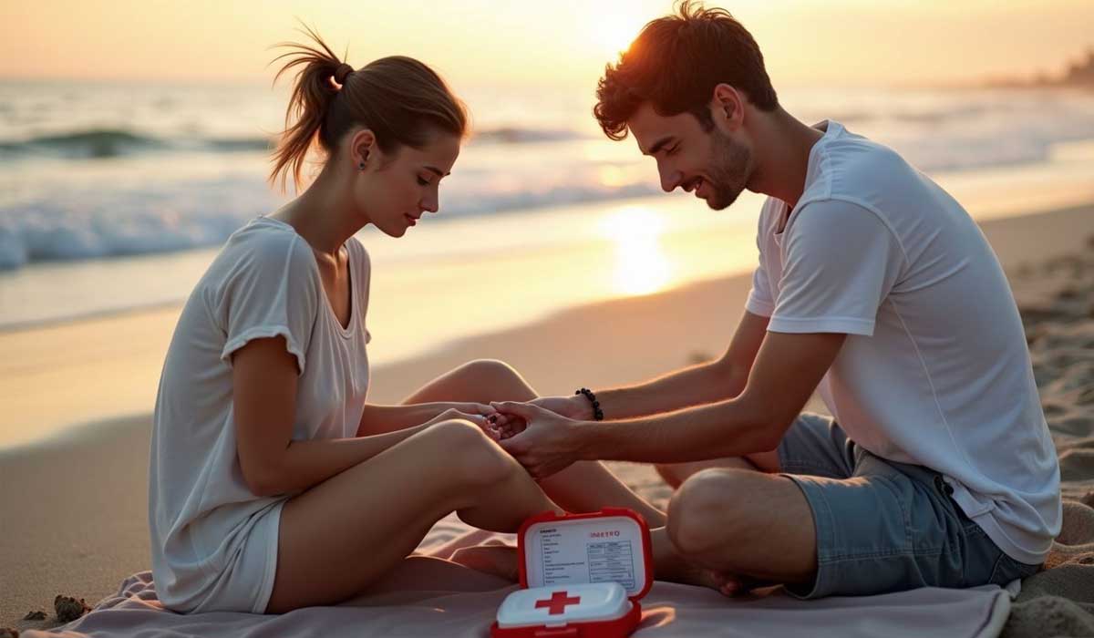 A man tends to a woman’s injured hand with a first aid kit while sitting on a blanket at the beach during sunset.