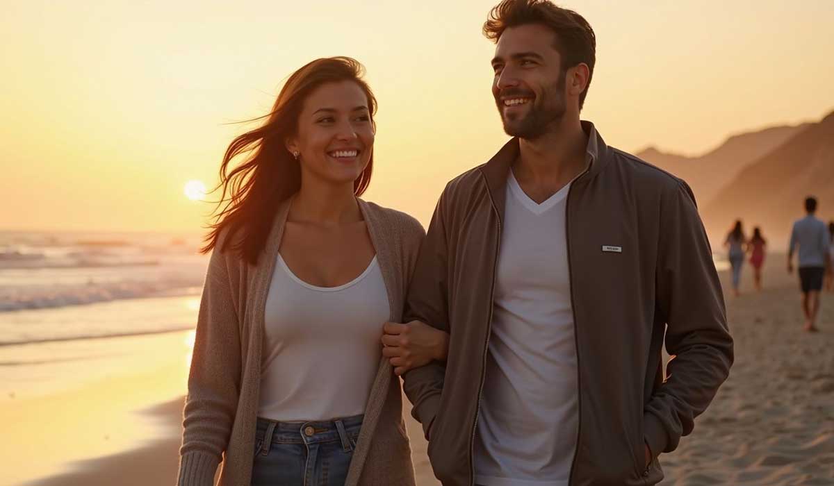 A man and woman walk arm in arm on a beach at sunset, smiling. Other people walk in the background. The ocean and mountains are visible.