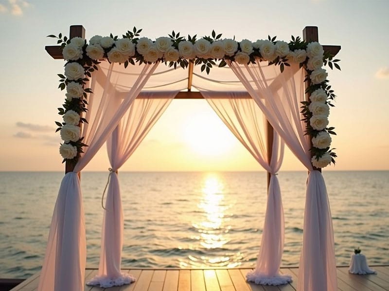 A decorated wedding arch with white flowers and sheer fabric stands on a wooden platform by the sea at sunset.