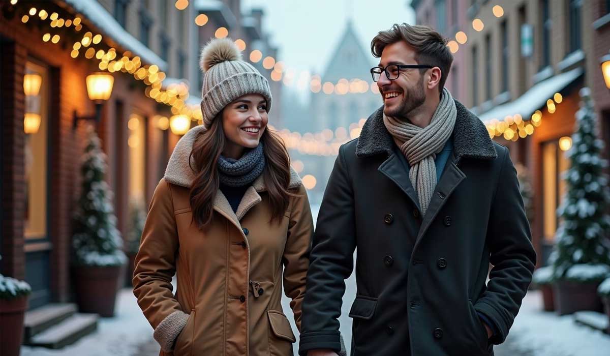A man and woman in winter coats and scarves walk together on a decorated street with string lights and snow, smiling at each other.
