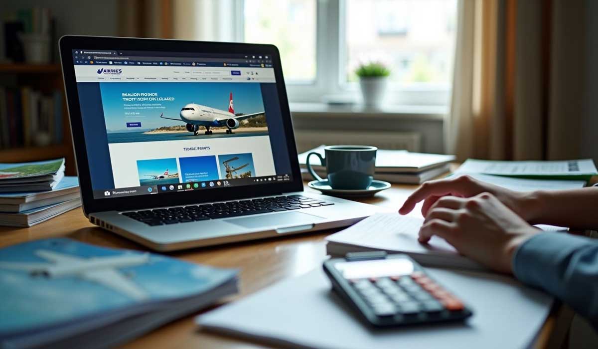 A person works at a desk with a laptop displaying an airline website, surrounded by papers, a calculator, a coffee cup, and a model airplane.