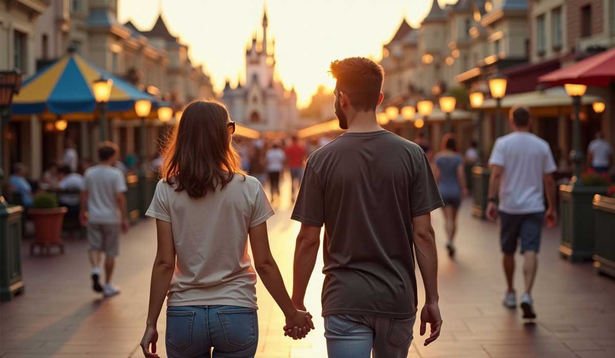 A couple holds hands while walking down a busy theme park street at sunset, with a castle visible in the background.