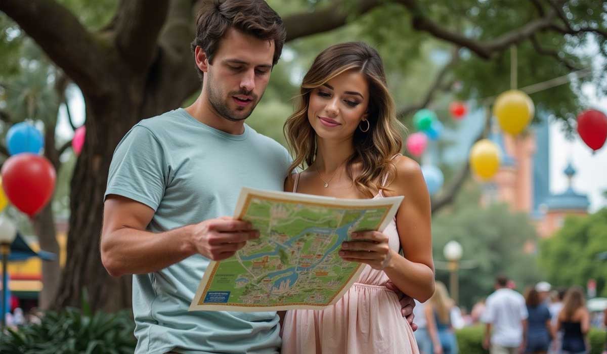 A man and woman stand outdoors looking at a map together, with colorful balloons and trees in the background.
