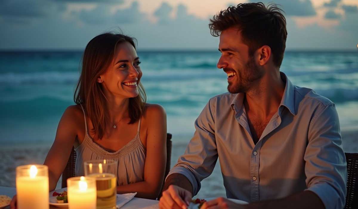 A man and woman sit at a candlelit table on the beach at sunset, smiling at each other with the ocean in the background.