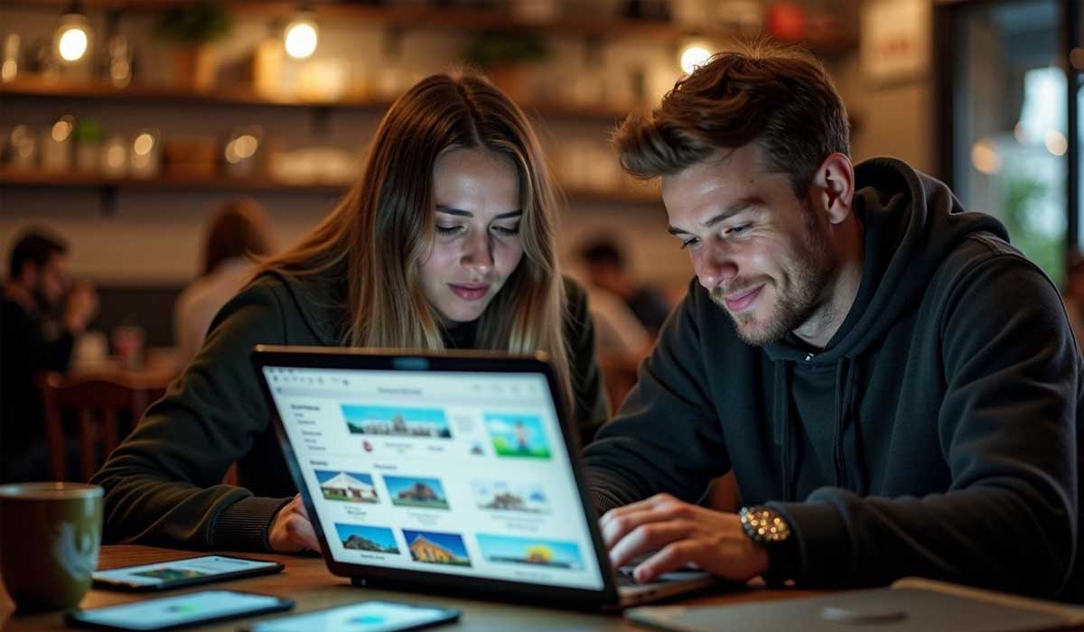 Two people sit at a table in a cozy cafe, looking at a laptop screen displaying images of houses, with a tablet and a cup nearby.