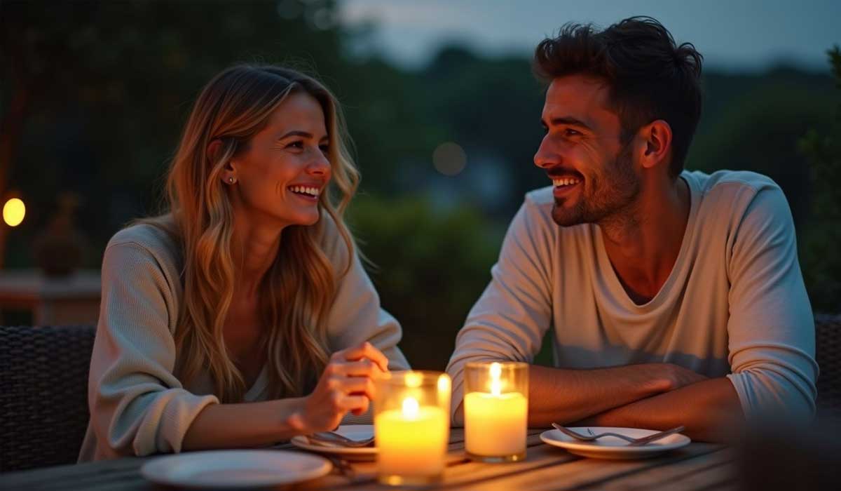 A smiling man and woman sit at an outdoor table with two lit candles between them, sharing a meal in the evening.