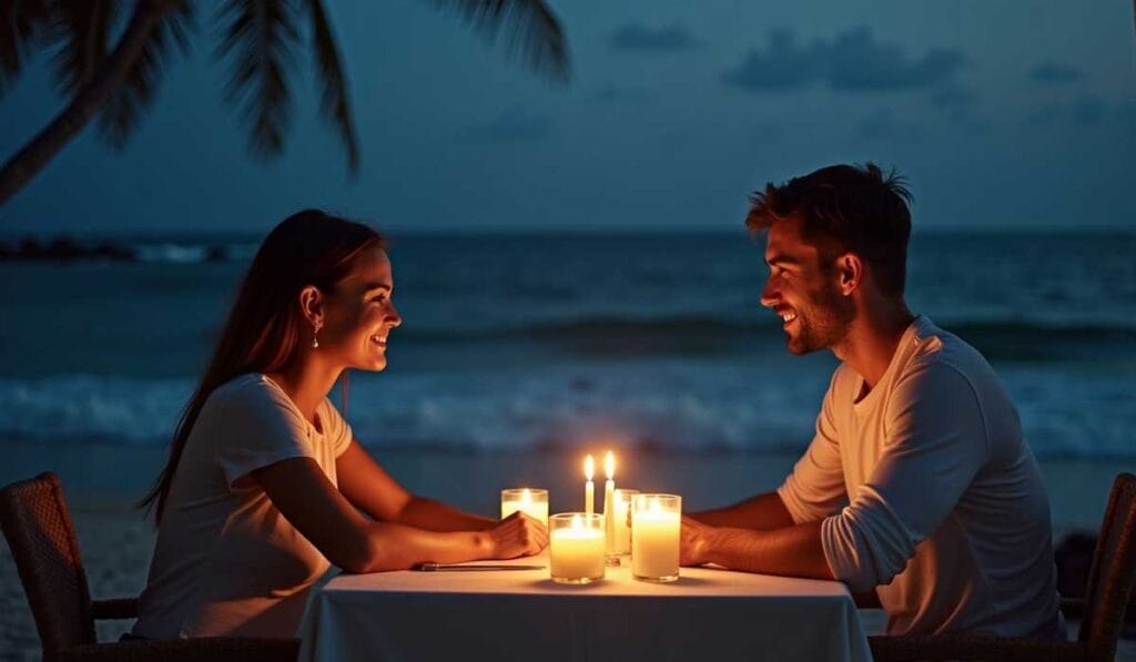 A couple sits at a table on the beach at night, smiling at each other across lit candles, with the ocean and palm trees in the background.