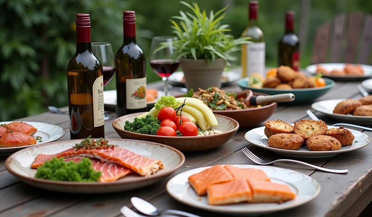 A wooden table set with plates of salmon, vegetables, assorted fried foods, wine bottles, wine glasses, and a potted plant.