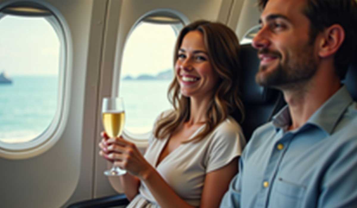 A woman holding a glass of champagne and a man sit next to each other in airplane seats, with ocean visible through the windows.