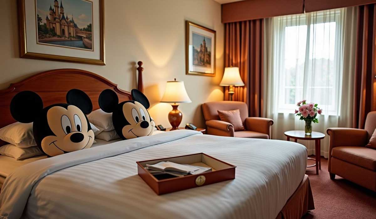 Hotel room with a large bed, Mickey Mouse pillows, two armchairs, a tray with a book, lamps, and framed pictures on the wall. Sunlight enters through a curtained window.