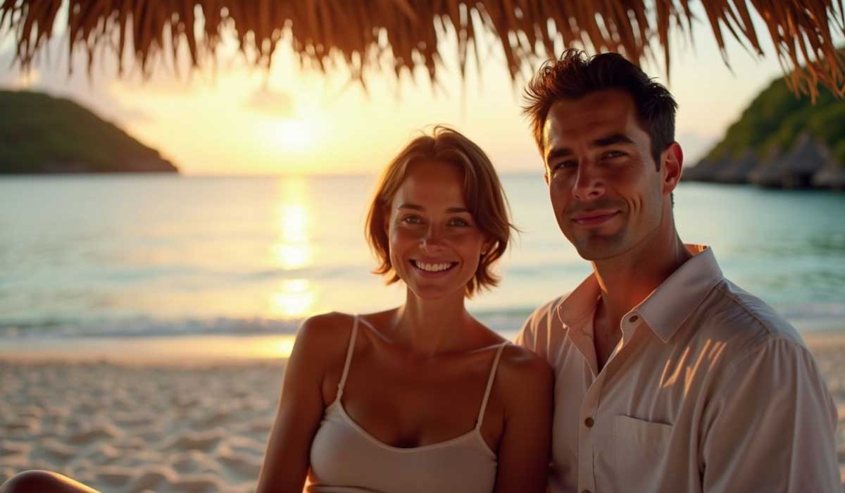 A man and woman sit close together under a thatched roof on a sandy beach at sunset, with the ocean and green hills in the background.