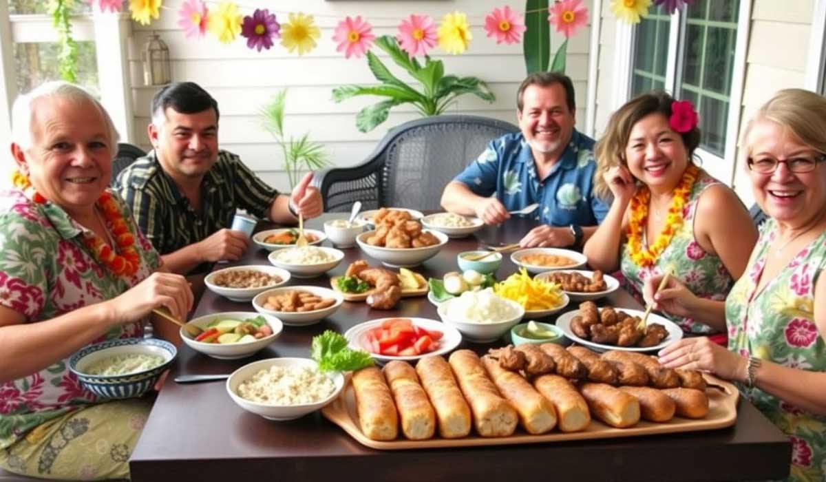 Five adults sit around a table outdoors, smiling and enjoying a meal with various dishes, rice, and bread. Floral decorations and plants are in the background.