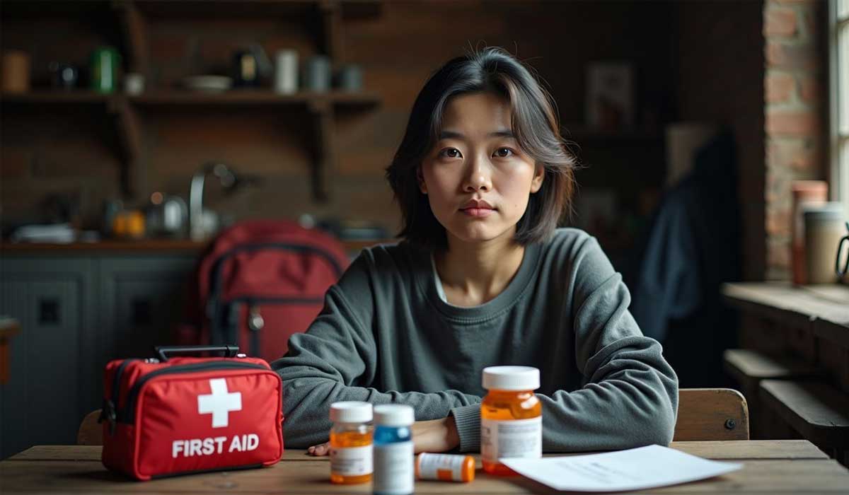 A person sits at a table with a first aid kit, pill bottles, and a paper in front of them, in a rustic kitchen setting.