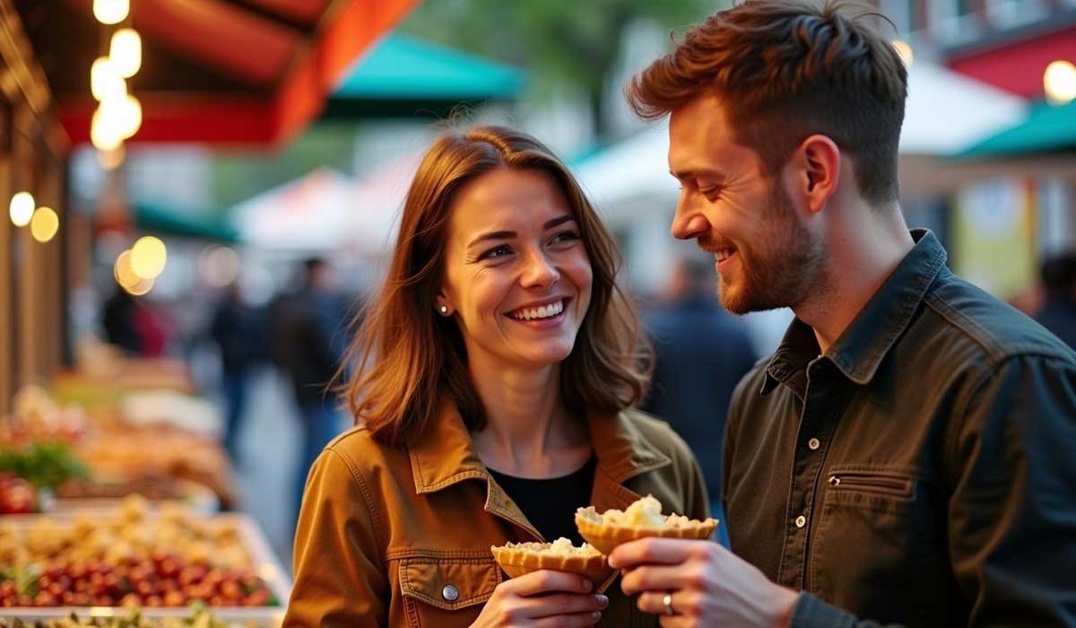A woman and a man stand outside at a market, smiling at each other while holding food in their hands. Stalls with produce and lights are visible in the background.