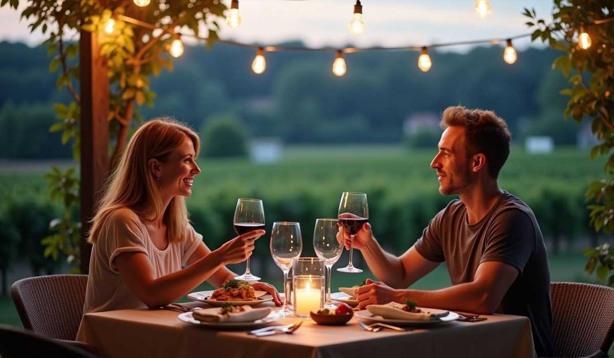 A man and woman sit at an outdoor table, clinking wine glasses, with plates of food and string lights above. Green fields are visible in the background.