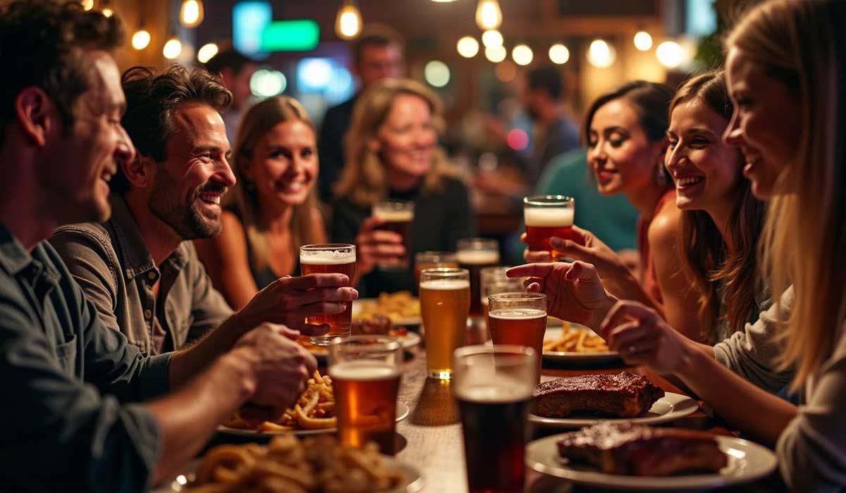 A group of people sit at a restaurant table, smiling and holding drinks, with plates of food and glasses of beer in front of them under warm lighting.