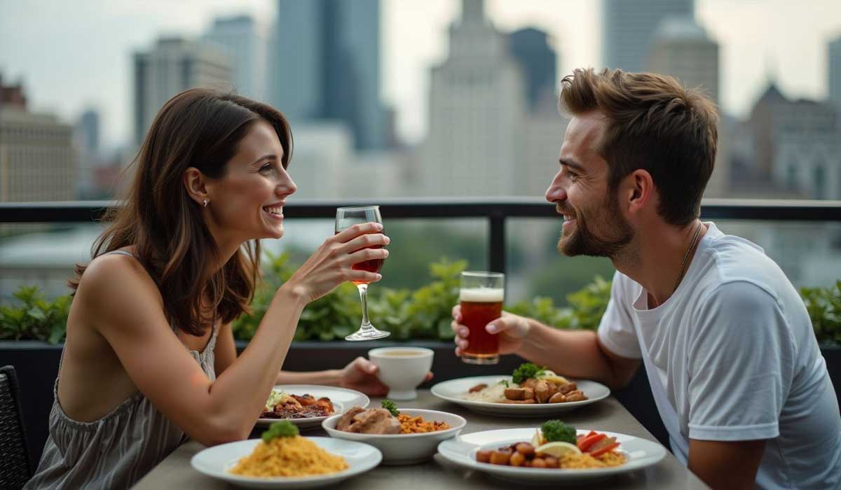 A woman and man sit at an outdoor restaurant table, smiling and enjoying food and drinks with a city skyline in the background.