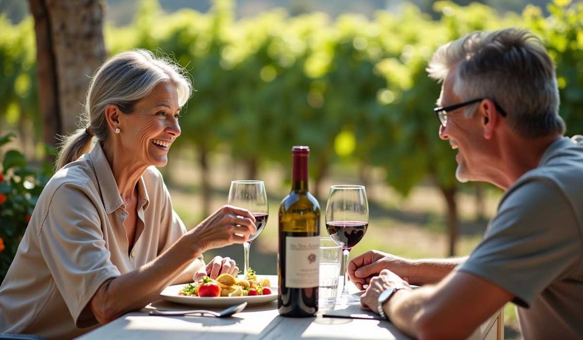 Two adults sit at an outdoor table in a vineyard, enjoying wine and food while smiling at each other. A bottle of red wine and two filled glasses are on the table.