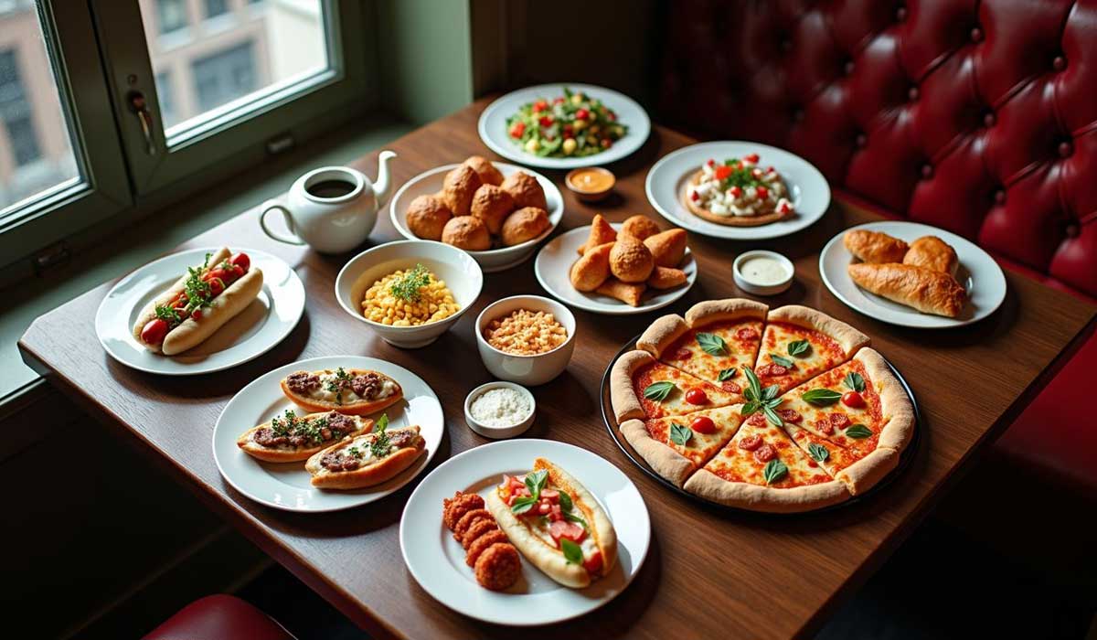 A table set with pizza, hot dogs, bread rolls, salad, croissants, fried items, and various dips, arranged by a window and red booth.