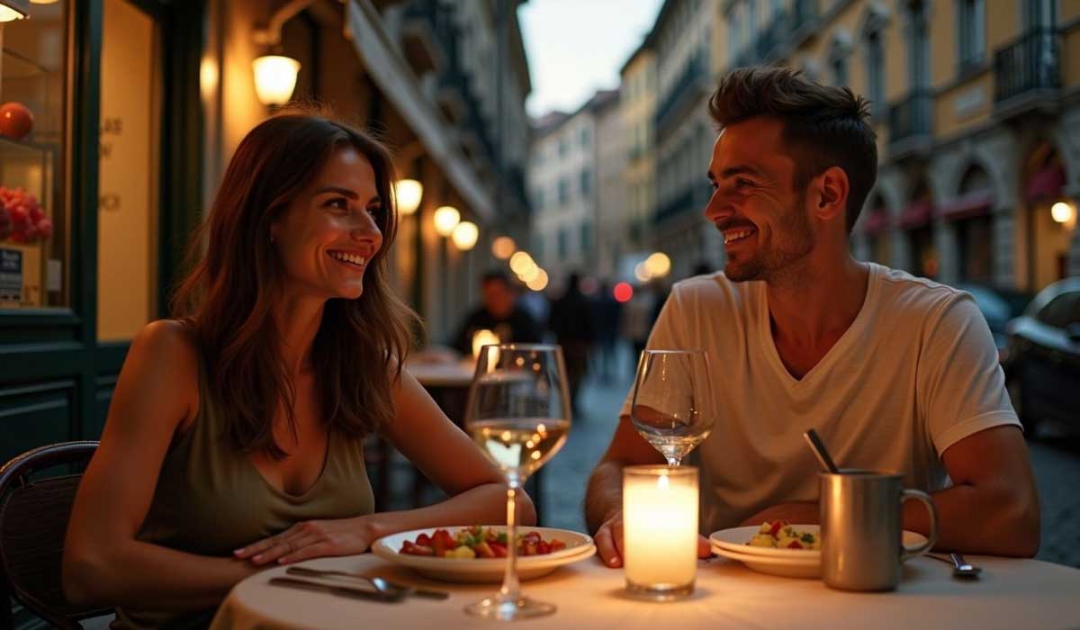 A man and woman sit at an outdoor restaurant table with food and drinks, smiling at each other by candlelight on a city street in the evening.