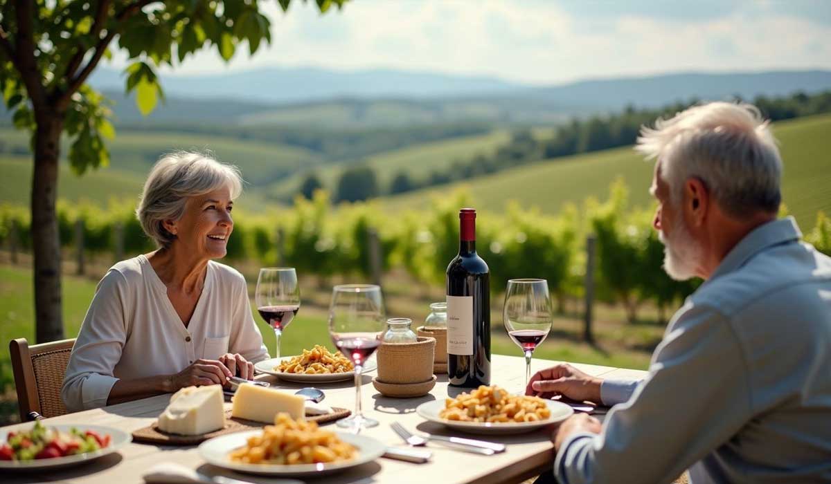 An older couple sits at an outdoor table with wine and pasta, overlooking a vineyard landscape on a sunny day.
