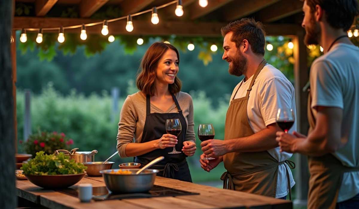 Three people wearing aprons stand at an outdoor kitchen counter, holding glasses of red wine and smiling, with string lights overhead and greenery in the background.