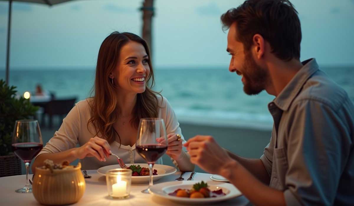 A man and woman sit at an outdoor table by the beach, sharing a meal and wine at sunset with a lit candle on the table.