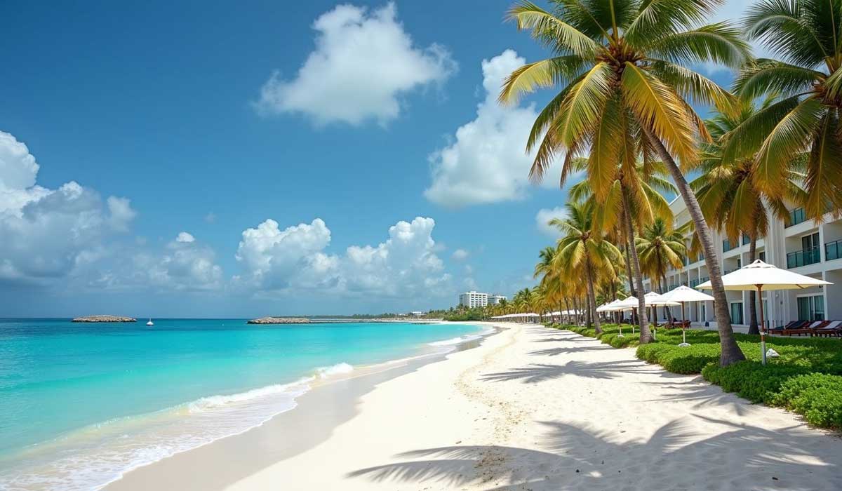White sand beach with palm trees, turquoise water, and a row of beachfront buildings with umbrellas under a sunny blue sky with scattered clouds.