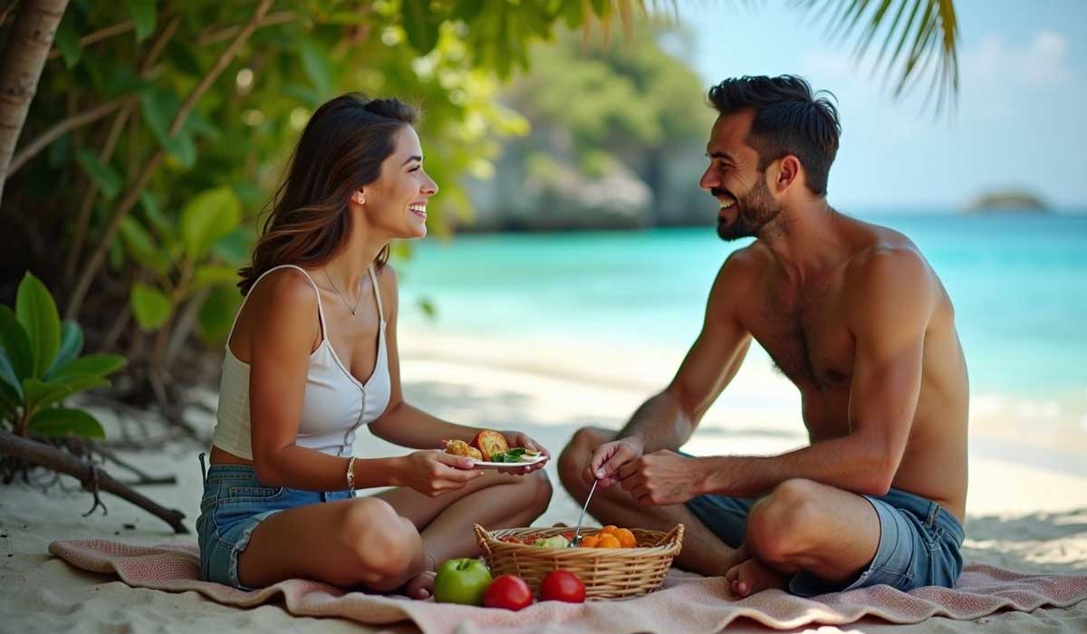 A woman and man sit on a blanket having a picnic on a sandy beach near clear blue water, with fruit and a basket of food in front of them.