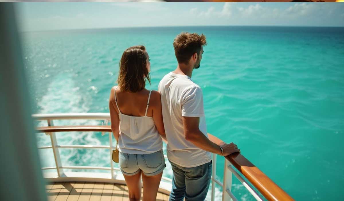 A woman and a man stand on a ship deck looking out at turquoise ocean water under a bright sky.