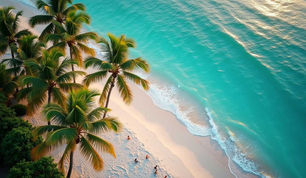 Aerial view of turquoise ocean waves meeting a sandy beach lined with palm trees. Several people are relaxing on the shore.